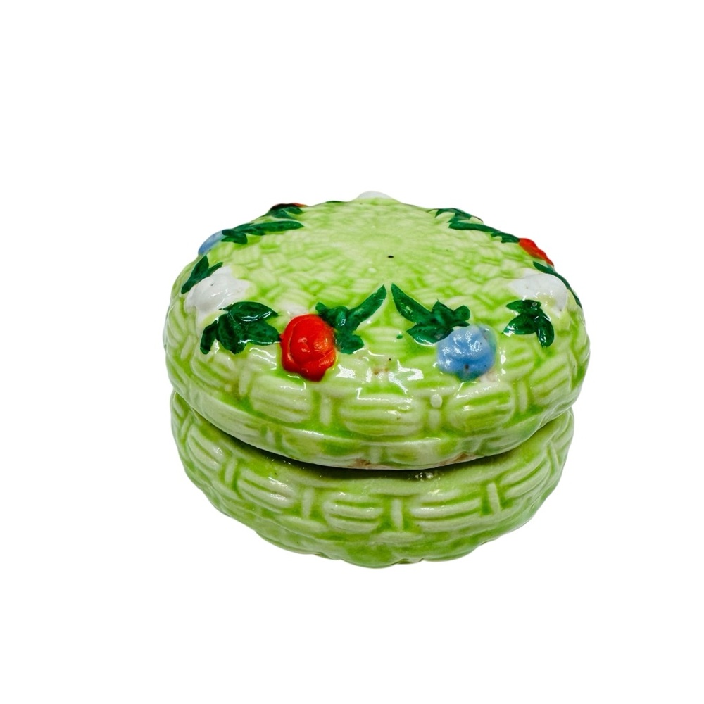 Vintage Basket Weave Jewelry Trinket Box Glazed Ceramic Jar Flowers Green